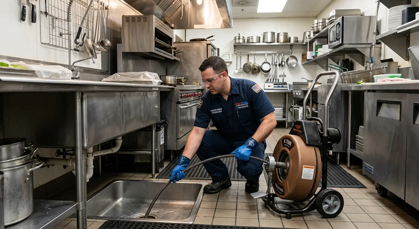 Commercial drain cleaning service in a restaurant kitchen in Lemay