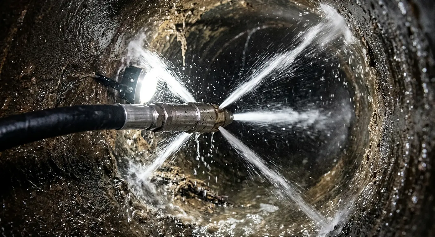 High-pressure hydro jetting nozzle cleaning sewer pipe for Sewer Cleanout in Lemay