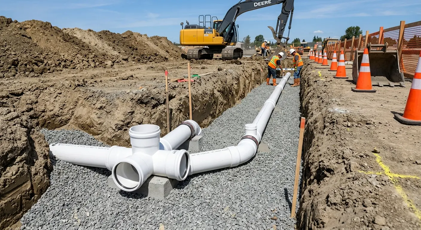 New PVC sewer pipe installation in open trench for Sewer Backup in Lemay
