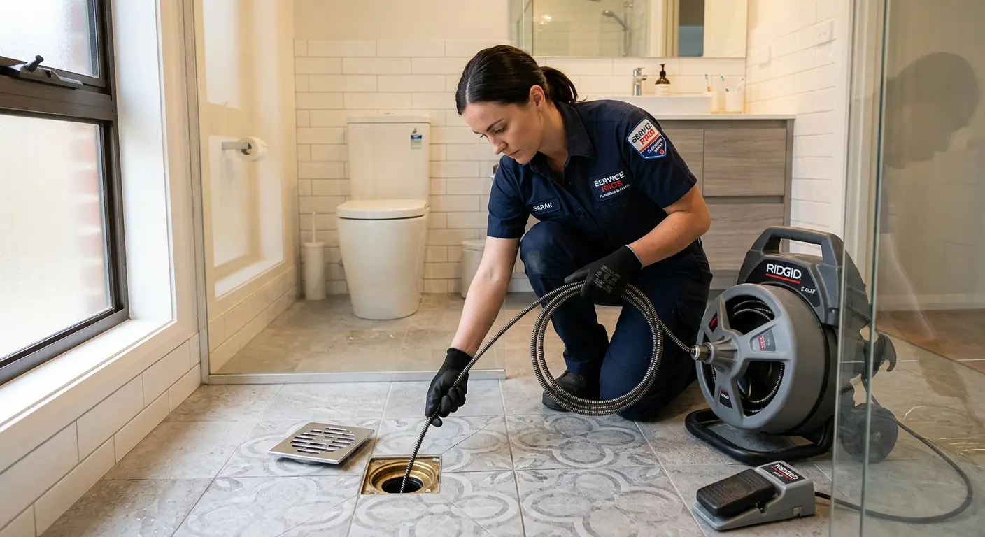 Technician clearing a bathroom floor drain for Drain Cleaning in Lemay
